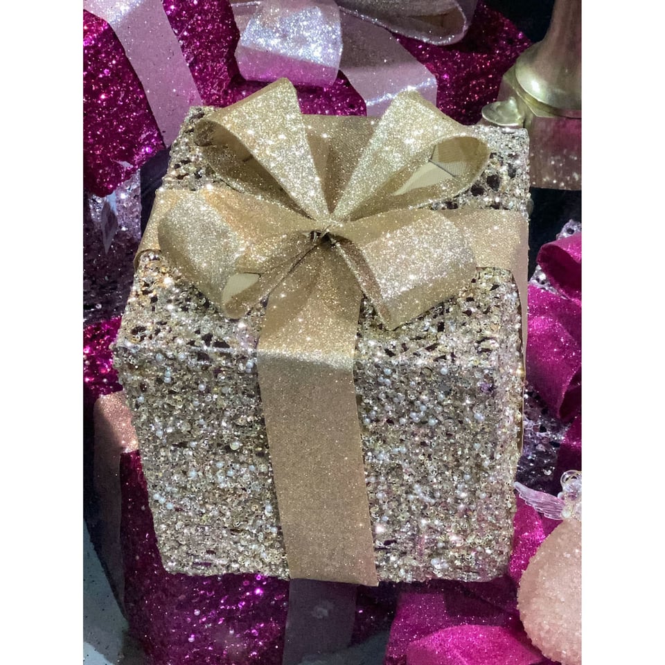 Glitter Pakjes Met Strik en LED Lampjes Div. Kleuren in 3 Maten