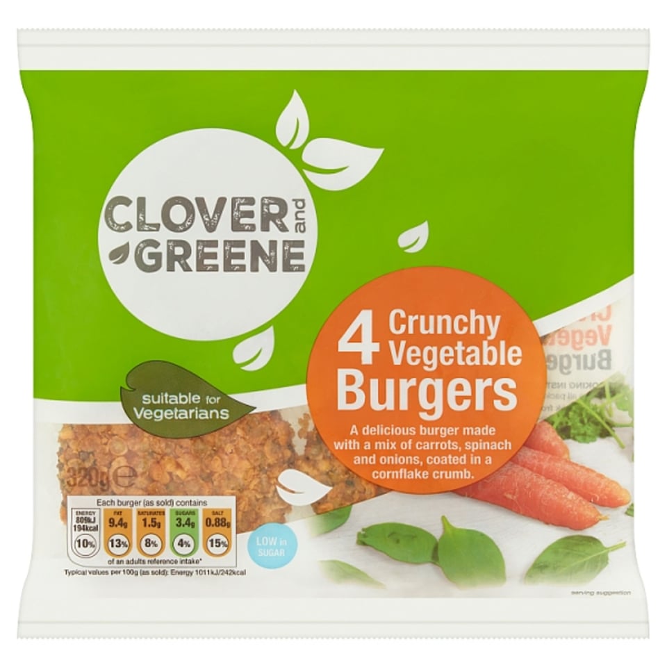 Clover and Greene 4 Crunchy Vegetarian Burgers 320g