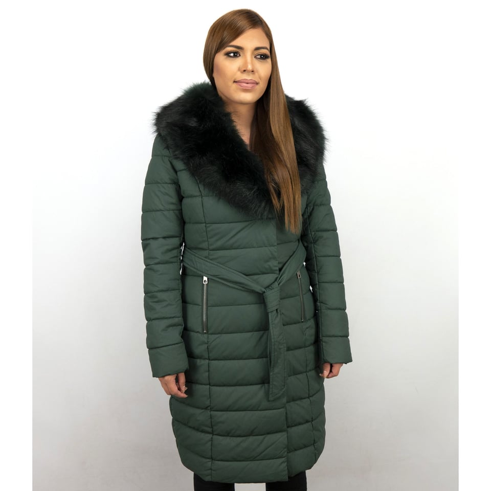 Lange Dames Winterjas Parka Met Zwarte Faux Bontkraag Groen