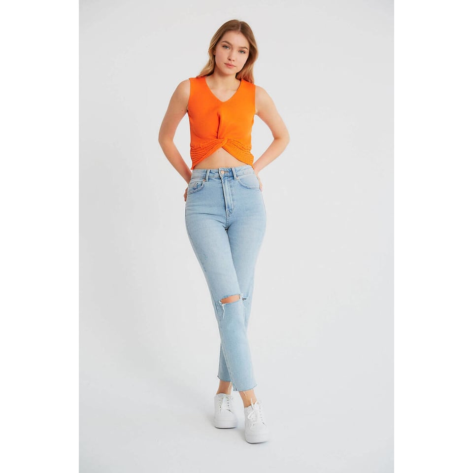 Dames Elastische Ribstof Top - T93564 - Orange - Maat: One Size