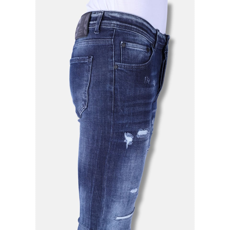 Donkerblauwe Slim Fit Heren Jeans Met Gaten - 1101 - Blauw