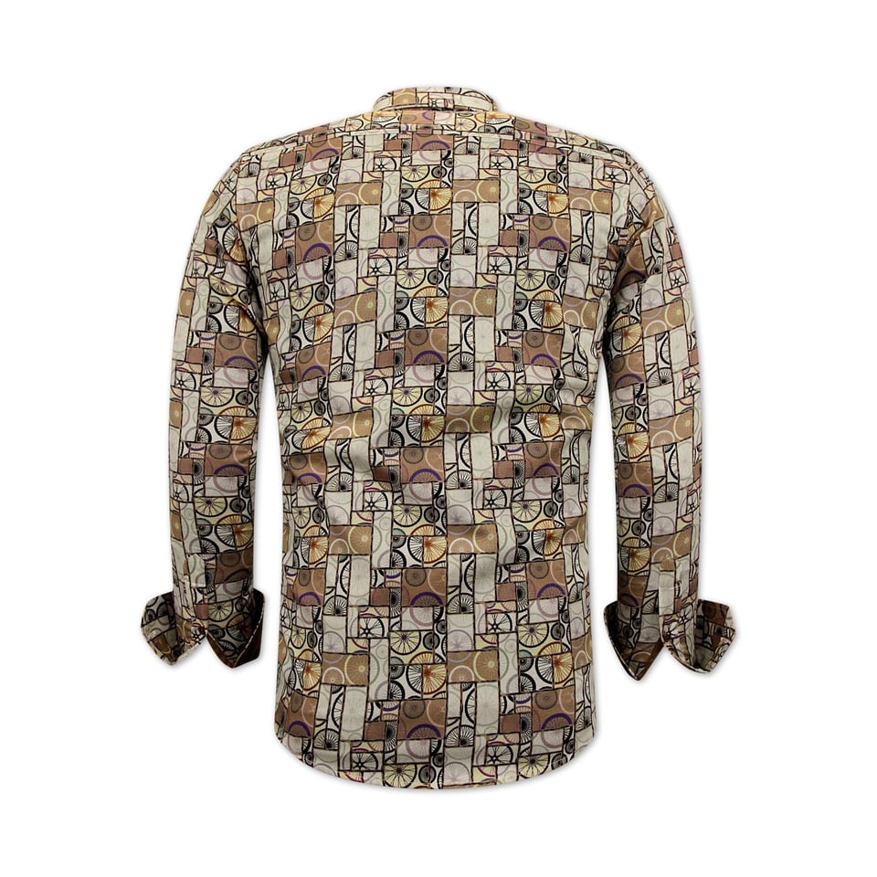 Luxe Heren Overhemd Met Fietsen Print - Slim Fit -3107 - Bruin