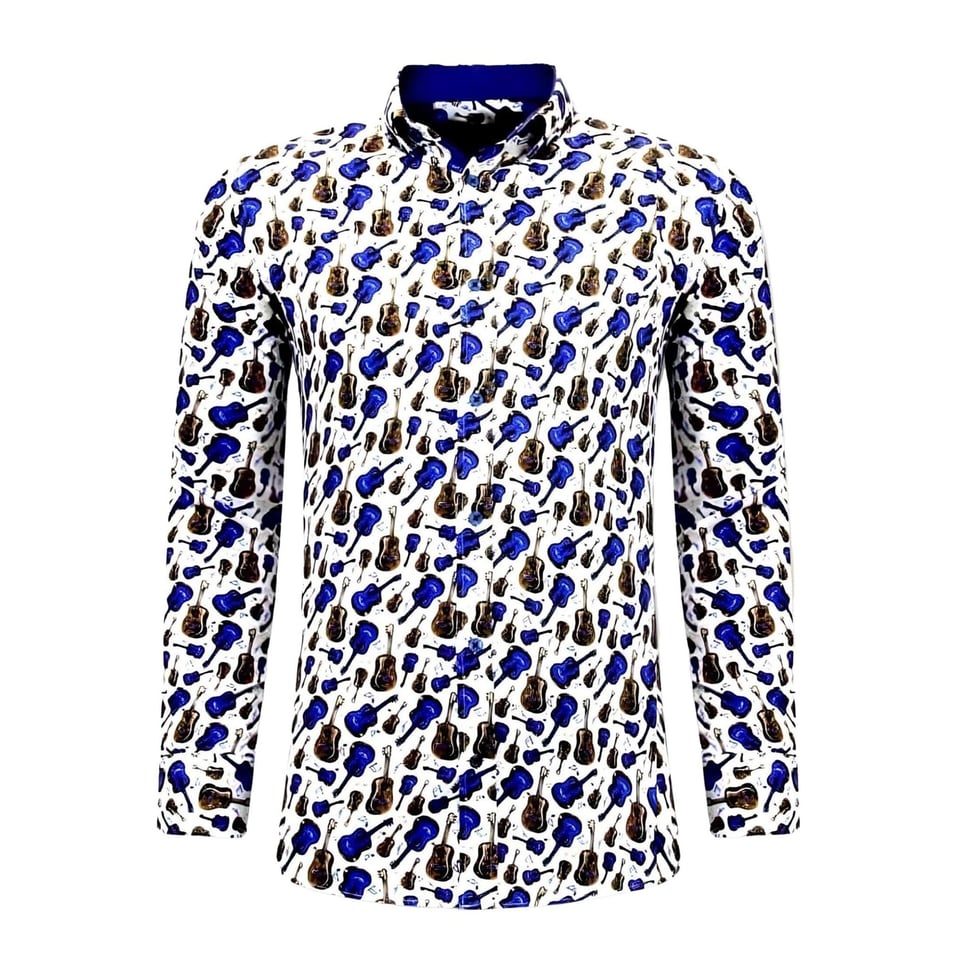 Luxe Heren Overhemden Met Gitaar Print - 3069 - Wit/Blauw