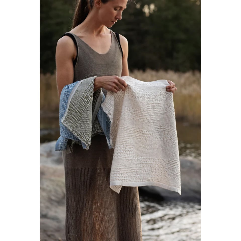 Kuohu Handdoek, Linnen-Tencel-Katoen, Wit-Helderblauw