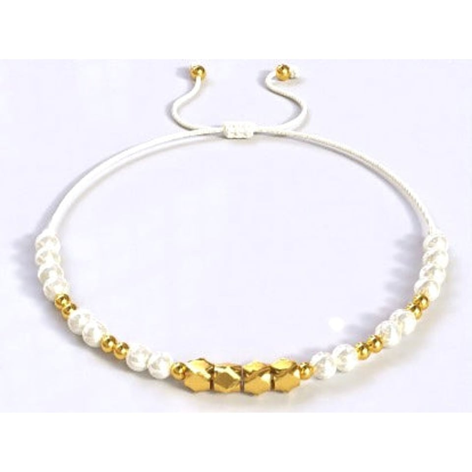 Leather beads Bracelet Gold&White - OneSize