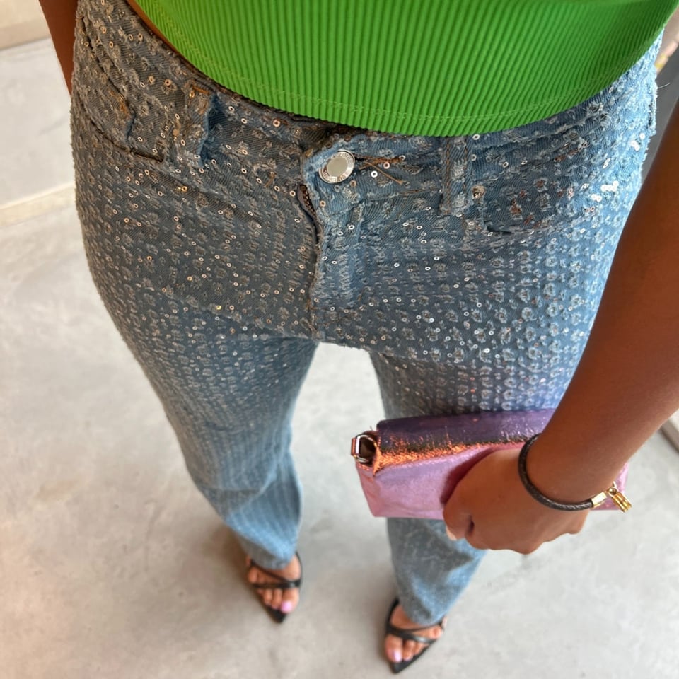 High waist jeans met strass steentjes