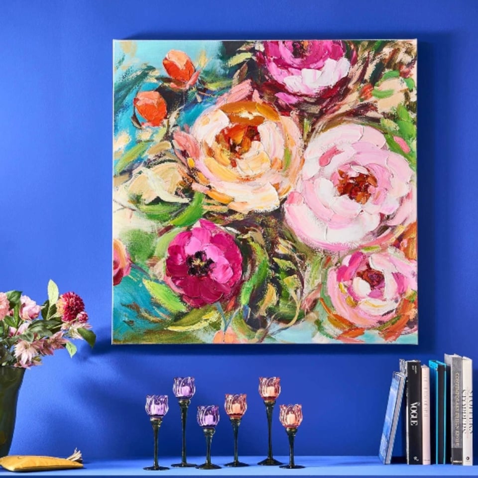 Schilderij Bloemen Roze Multicolor 100x100cm Handgeschilderd