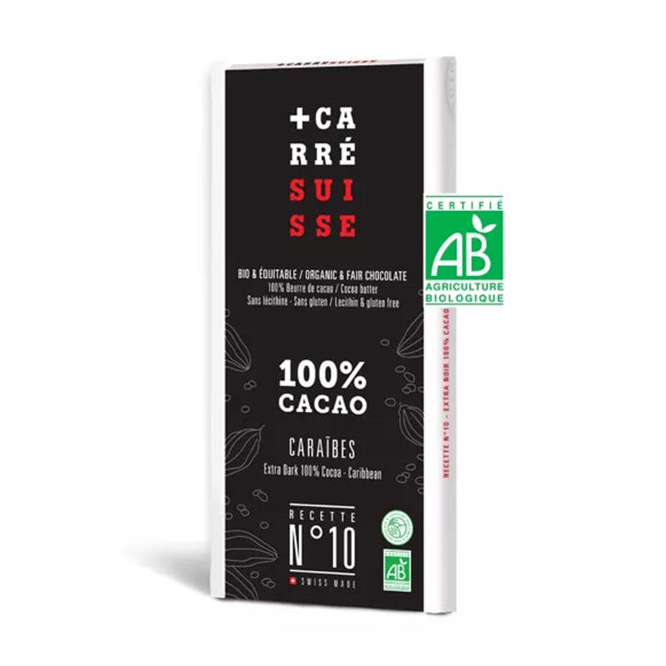 N10 - Tablette de chocolat extra Noir 100% origine Caraïbes, BIO & équitable, 80g