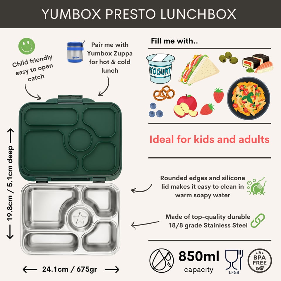 Yumbox Presto RVS 5 Vakken - Kale Green - Groen