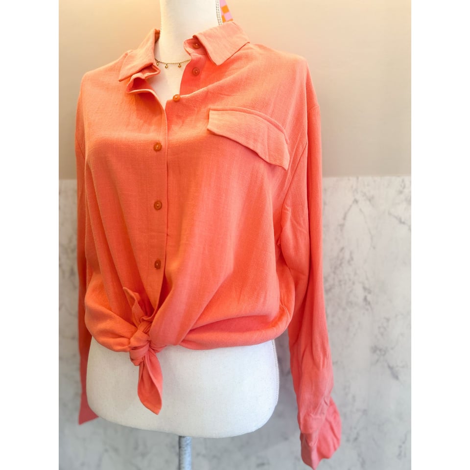 Linen Blouse Shirt - Coral red