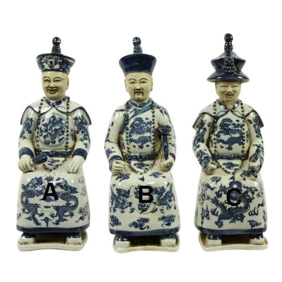 Beeld Chinese Keizer Vader Zittend Blauw Wit H33cm