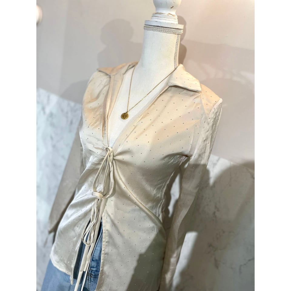 Cream Satin Blouse strass / Bowtie - S