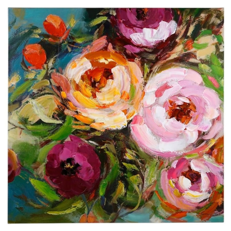 Schilderij Bloemen Roze Rood Acryl Op Canvas 100x100cm