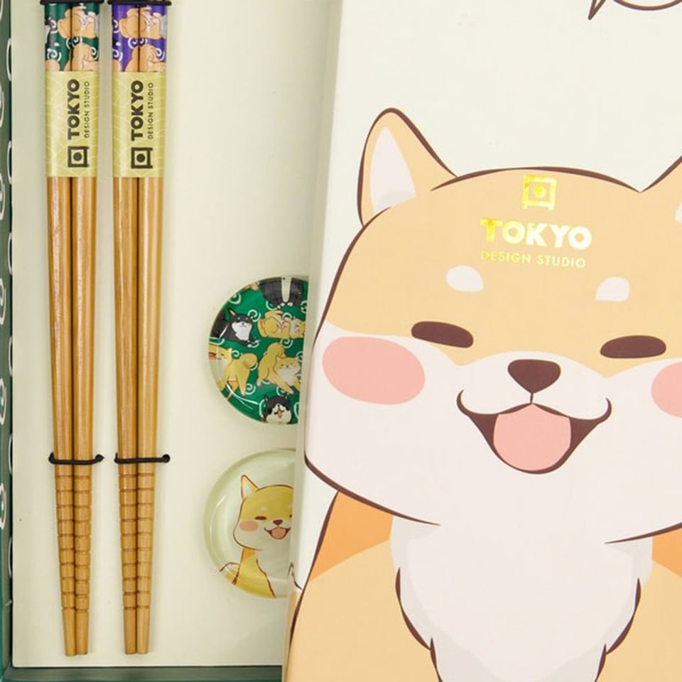 Eetstokjes Shiba Dog Met Opleggers Set 2 in Cadeau Doos