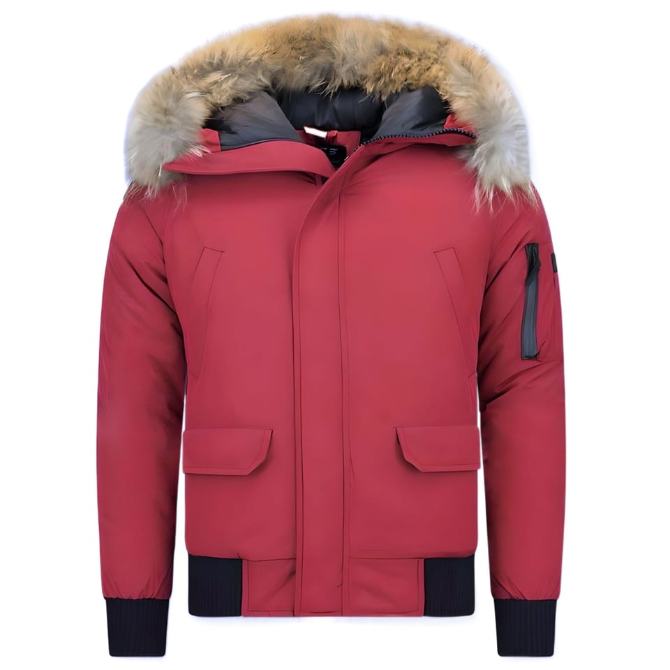 Korte Heren Winterjas Met Bontkraag Rood