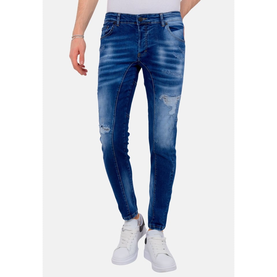 Distressed Ripped Jeans Heren - Slim Fit -1082- Blauw