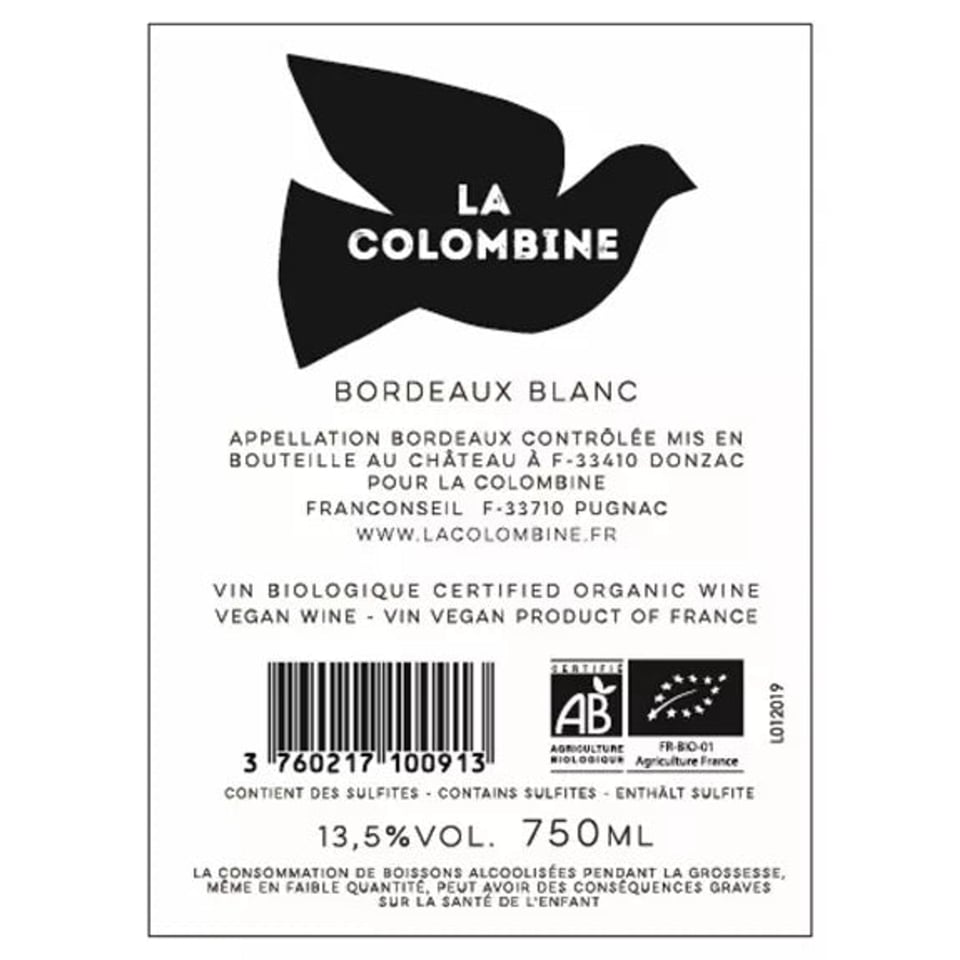 La Colombine, Muscadelle 2022, droge witte wijn, biologische wijn, Vin de France, Bordeaux