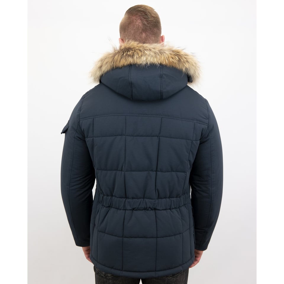 Lange Donkerblauwe Winterjas Heren - Mannen Parka Met Bontkraag