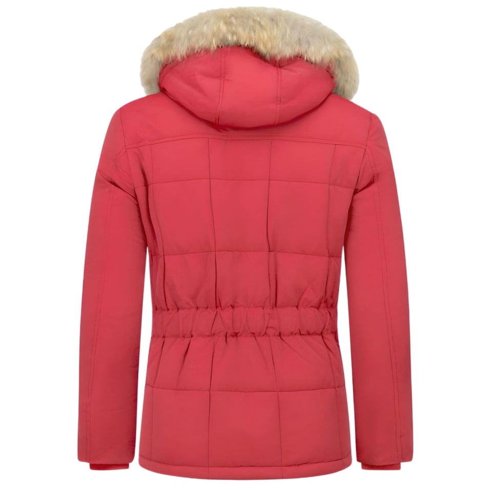 Bontjassen - Heren Winterjas Lang - Kleine Bontkraag - Parka Ruiten - Rood