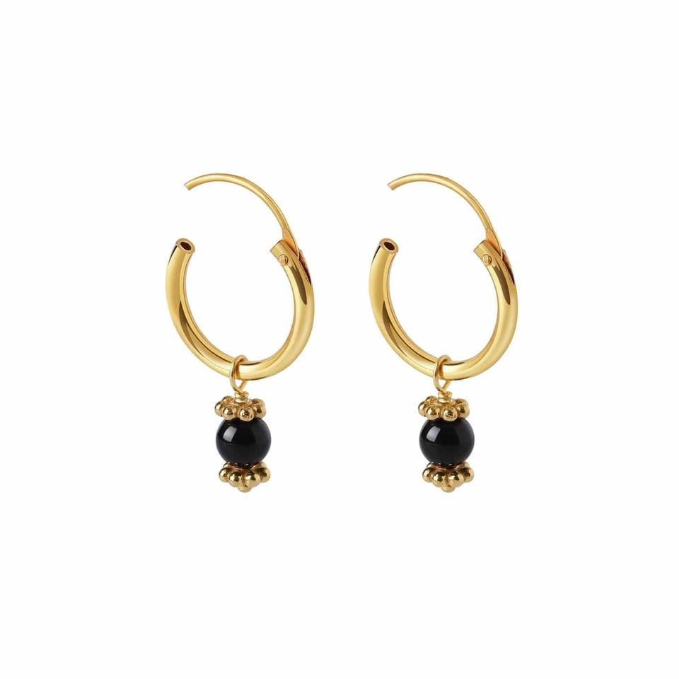 Gold Plated Hoop Earrings with Black Onyx - Black Onyx / Gold Plated Silver