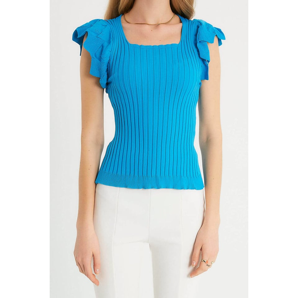 Dames Elastische Ribstof Top - T93547 - Blauw - Maat: One Size