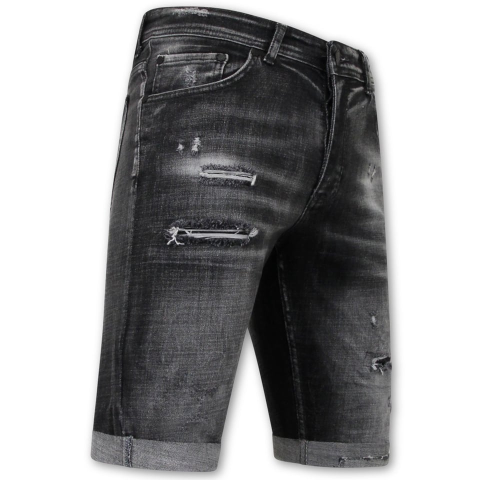 Stonewashed Ripped Mannen Short - Slim Fit -1085- Zwart