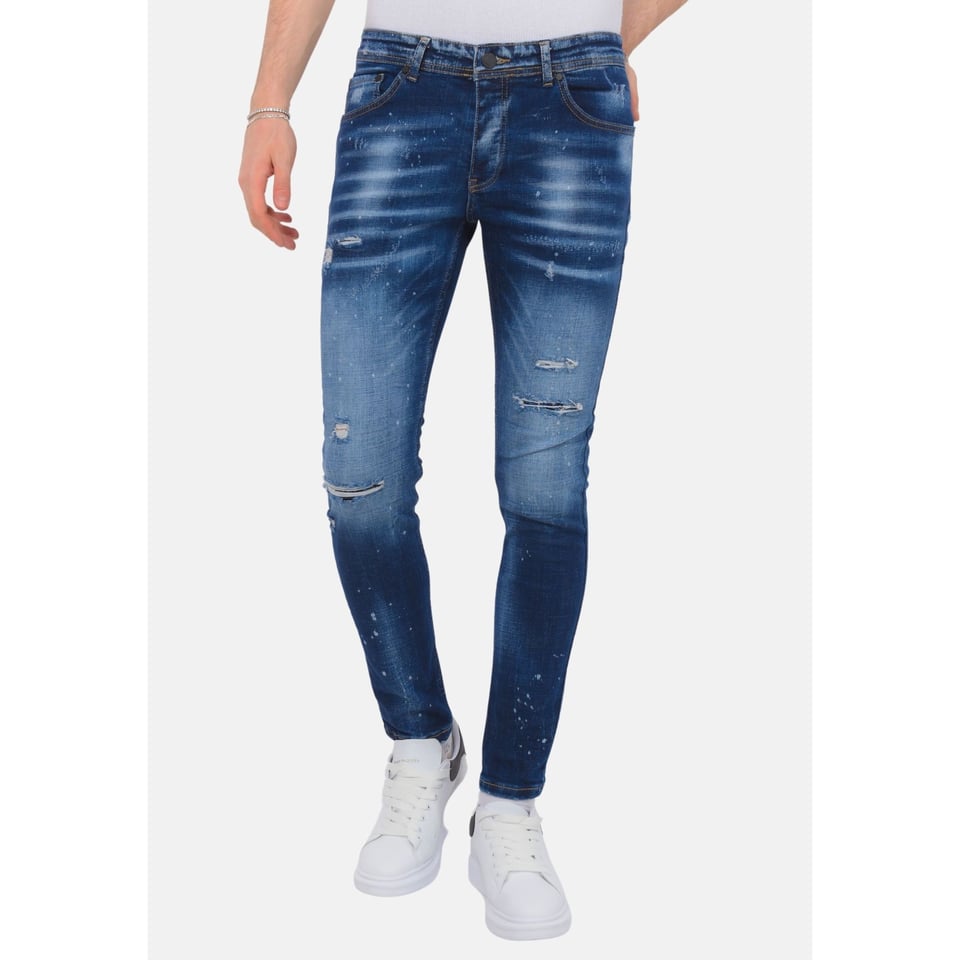 Paint Splatter Ripped Jeans Heren - Slim Fit -1075- Blauw