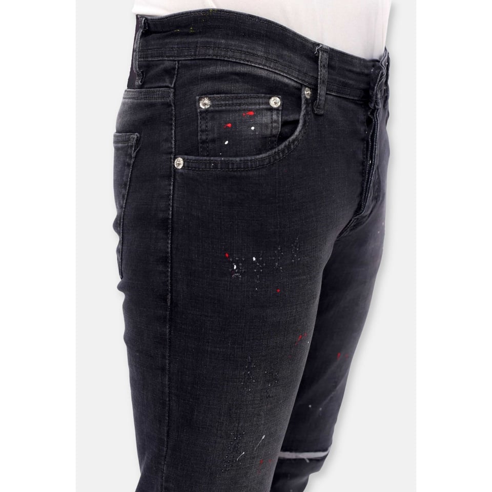 Ripped Heren Jeans Met Verfspatten Slim Fit -DC-040- Zwart