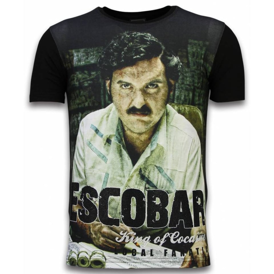 Escobar King Of Cocaine - Digital Rhinestone T-Shirt - Zwart