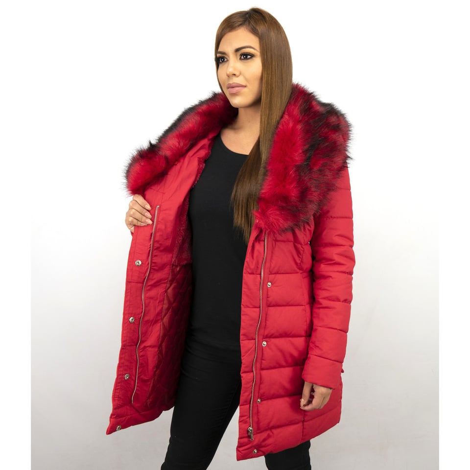 Lange Parka Dames Winterjas Met Rode Faux Bontkraag Rood