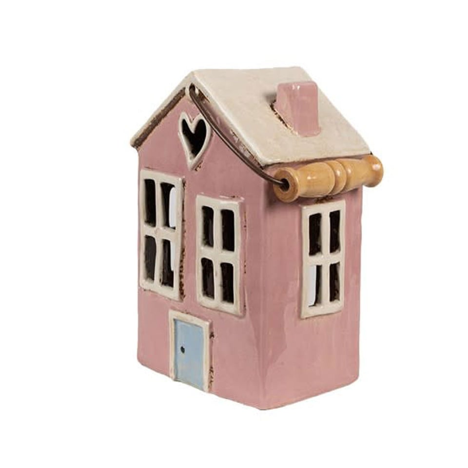 Waxinelichthouder Huisje Roze Keramiek 16x11x22cm Met Hengsel