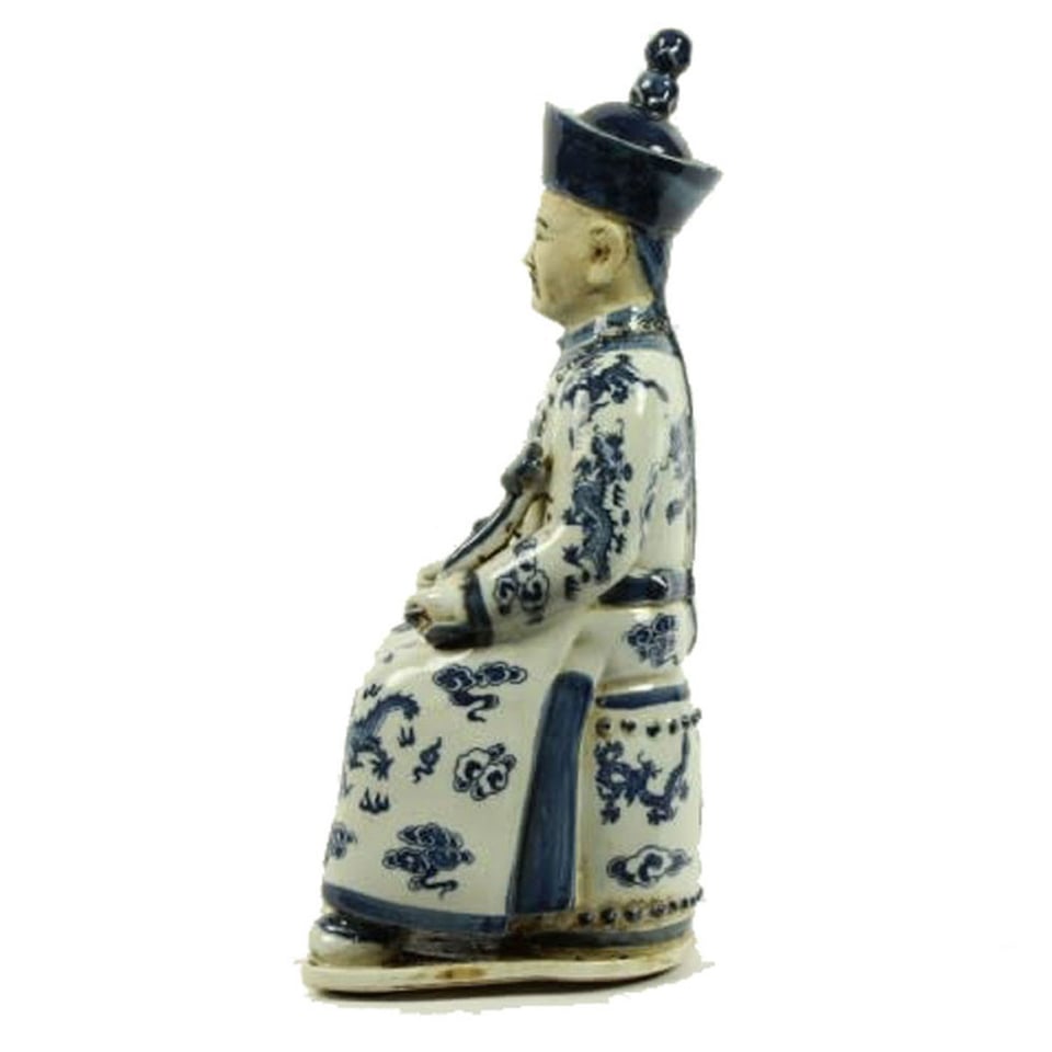 Beeld Chinese Keizer Vader Zittend Blauw Wit H33cm
