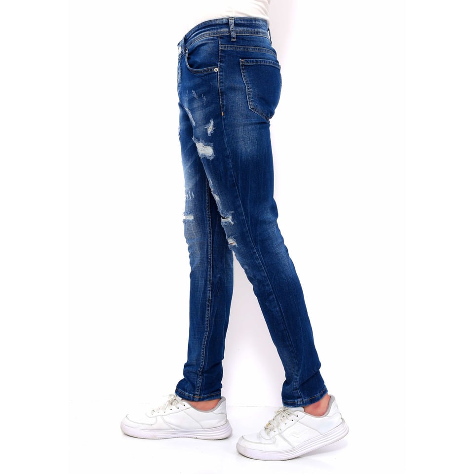 Heren Blauwe Slim Fit Jeans Met Gaten -DC-047