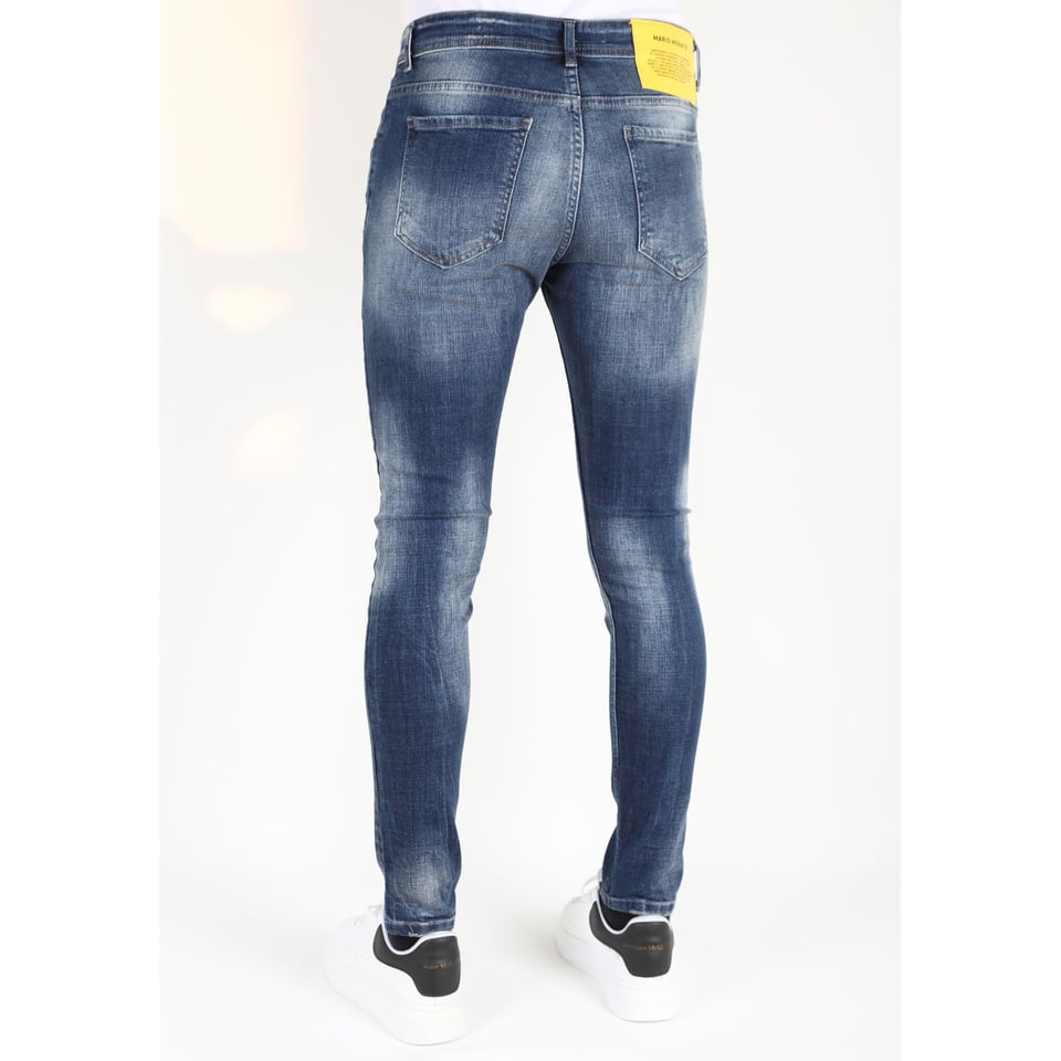 Stonewashed Slim Fit Mannen Spijkerbroek Met Scheuren -MM121- Blauw