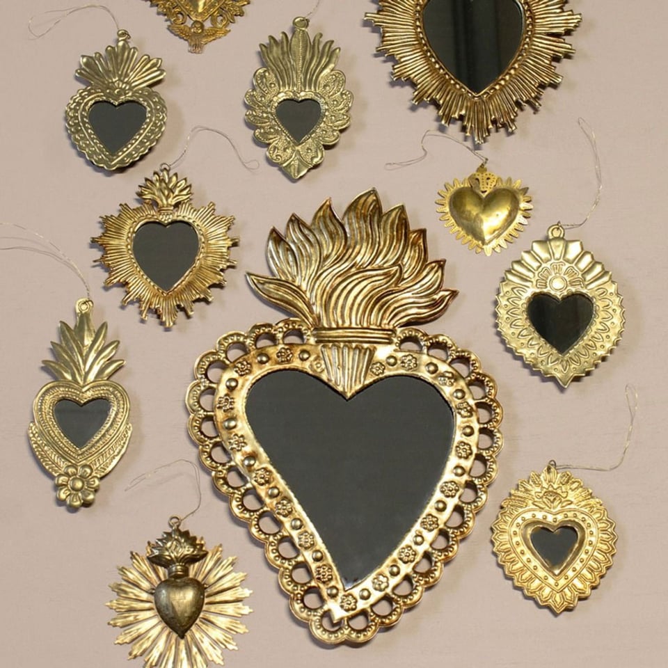 Spiegeltje Hart Met Pluimen Antiek Goud 29x36cm