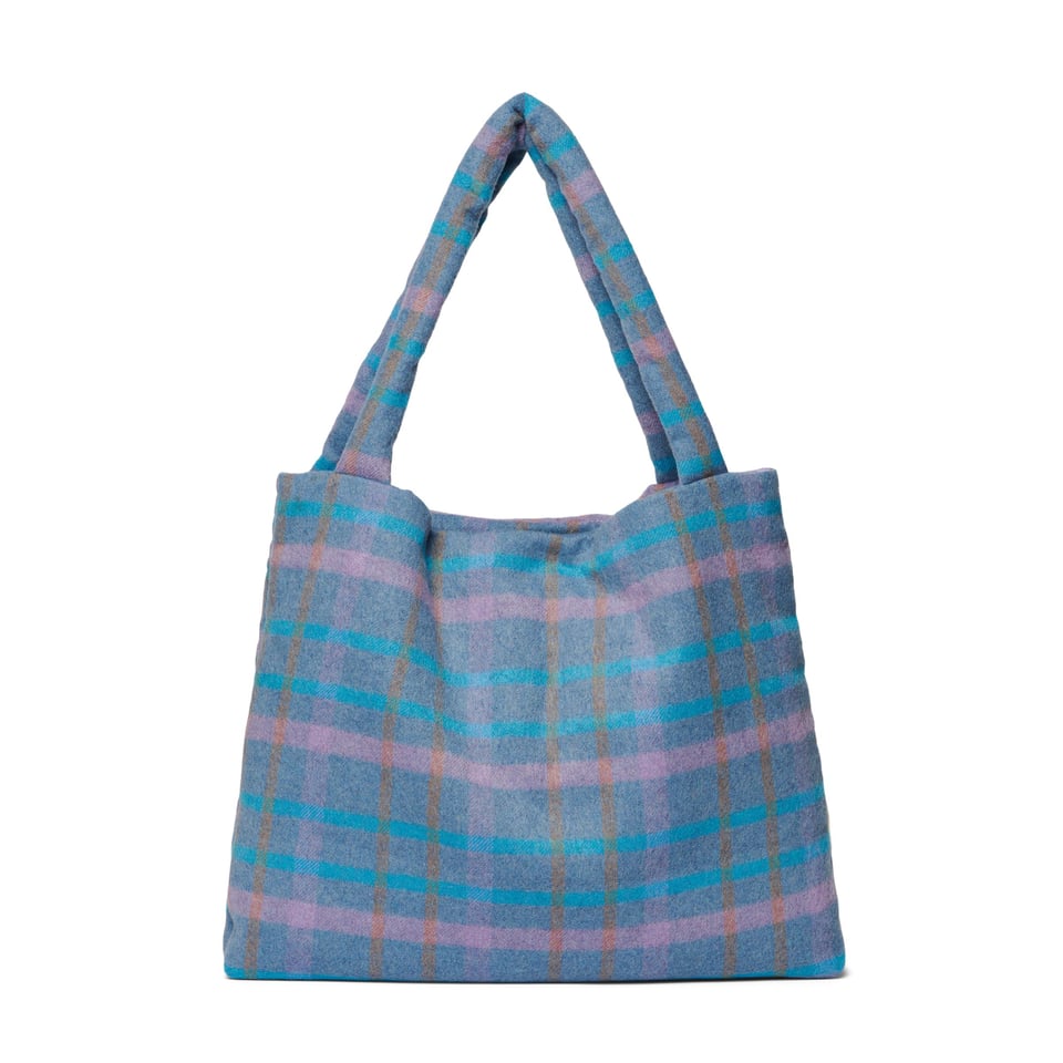 Sky Blue Wool Checked Mom Bag - No Embroidery / Sky Blue