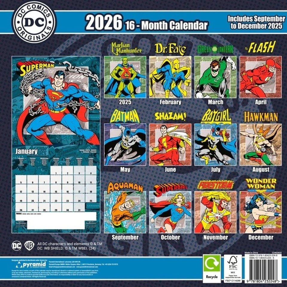 DC Comics Kalender 2026 - Superman - Wonder Woman - Batman