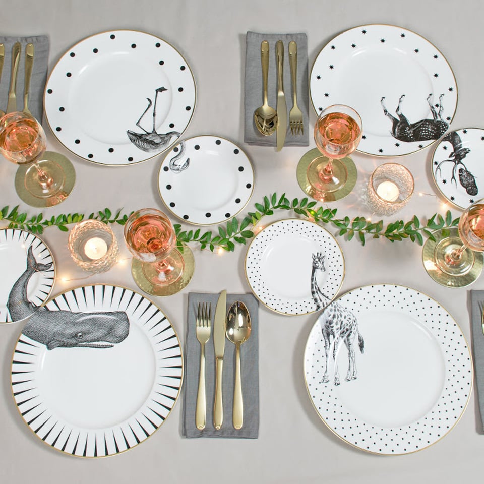 Yvonne Ellen Mono Set Van Dinerbord en Taartbord Zwart-Wit-Goud Met Giraffe