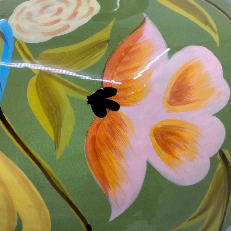Vaas Flowers Groen-Geel BirdEmaille Metaal B33xH49cm Handbeschilderd