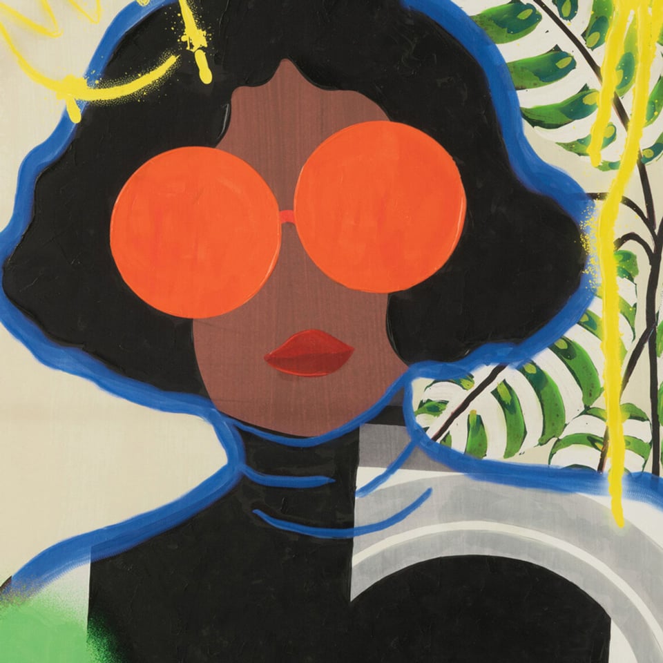 Schilderij Lady with Orange Sunglasses Op Canvas 75x100cm