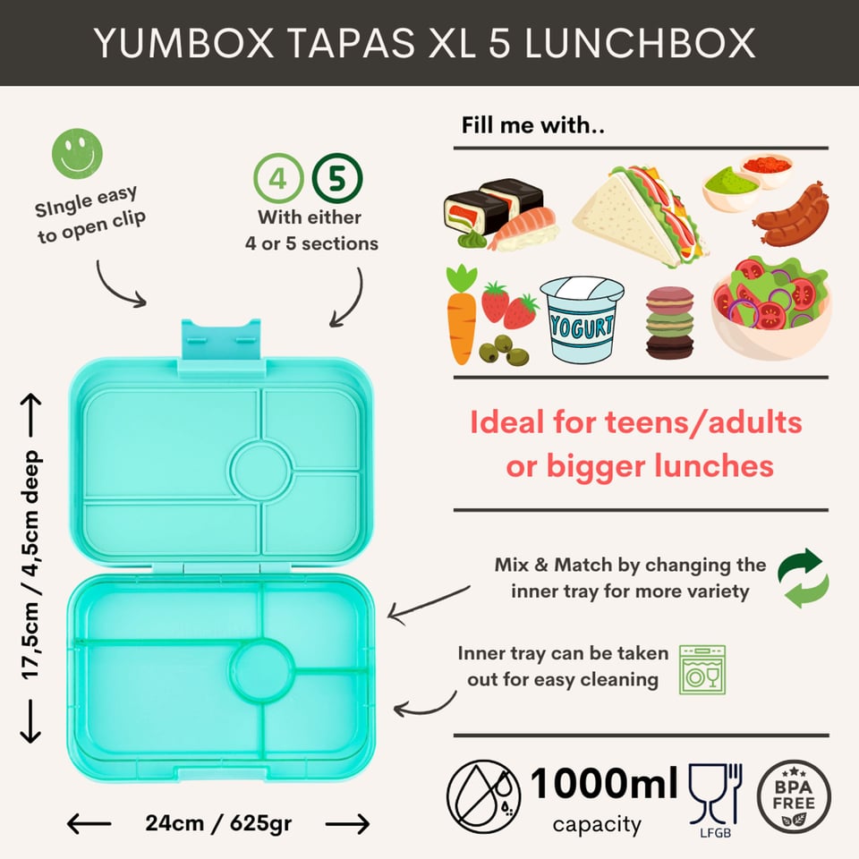 Yumbox Tapas XL 5 Vakken Bali Aqua / Aqua Clear - Aqua Blauw