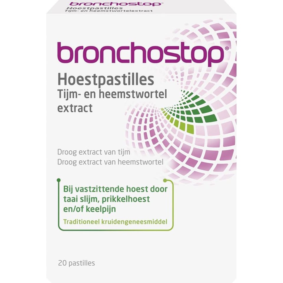 Bronchostop Hoestpastilles Met Tijm- en Heemstwortelextract - Bij Vastzittende Hoest, Prikkelhoest, Droge Hoest en/of Keelpijn Tijdens Een Verkoudheid
