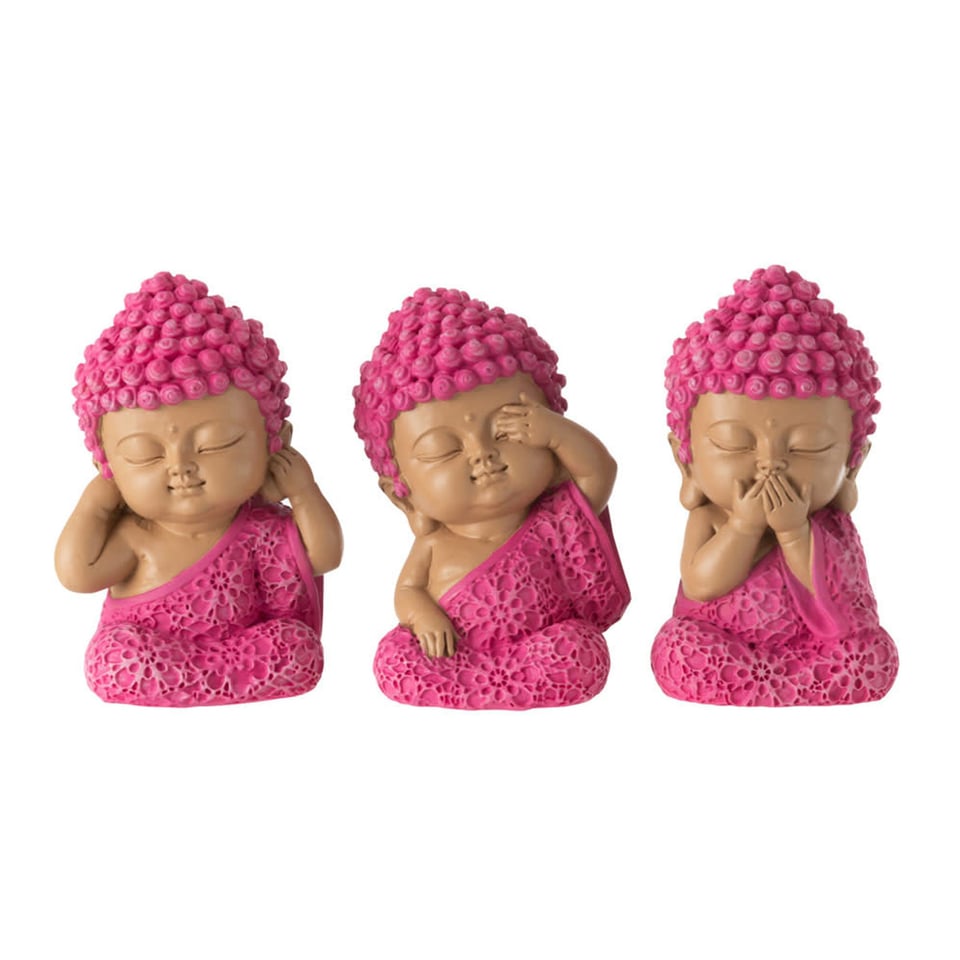 Beeldjes 'Horen Zien Zwijgen' Boeddha Roze 9cm Set/3