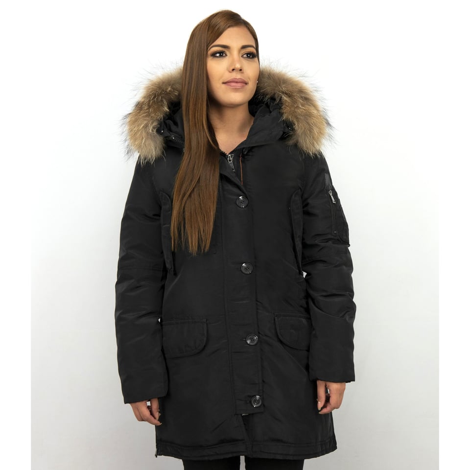 Lange Parka Winterjas Dames Met Bontkraag Zwart