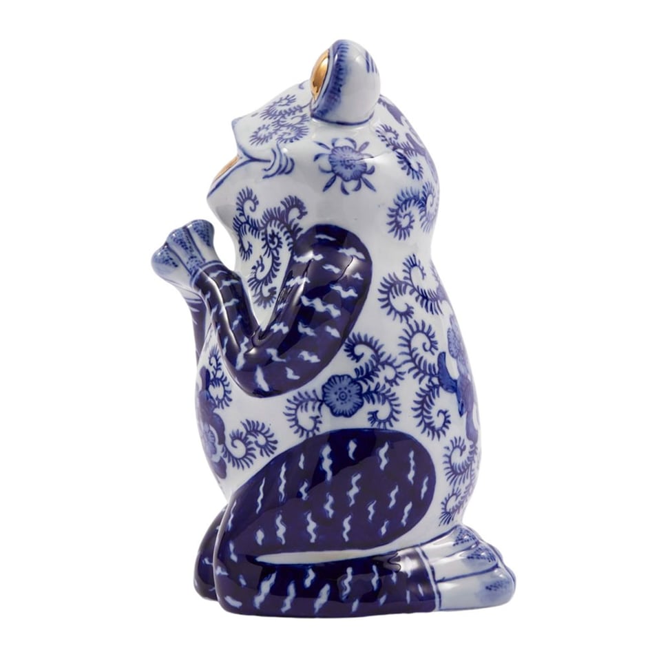 Beeld Spaarpot Kikker Blauw Goud Porselein 14x26cm