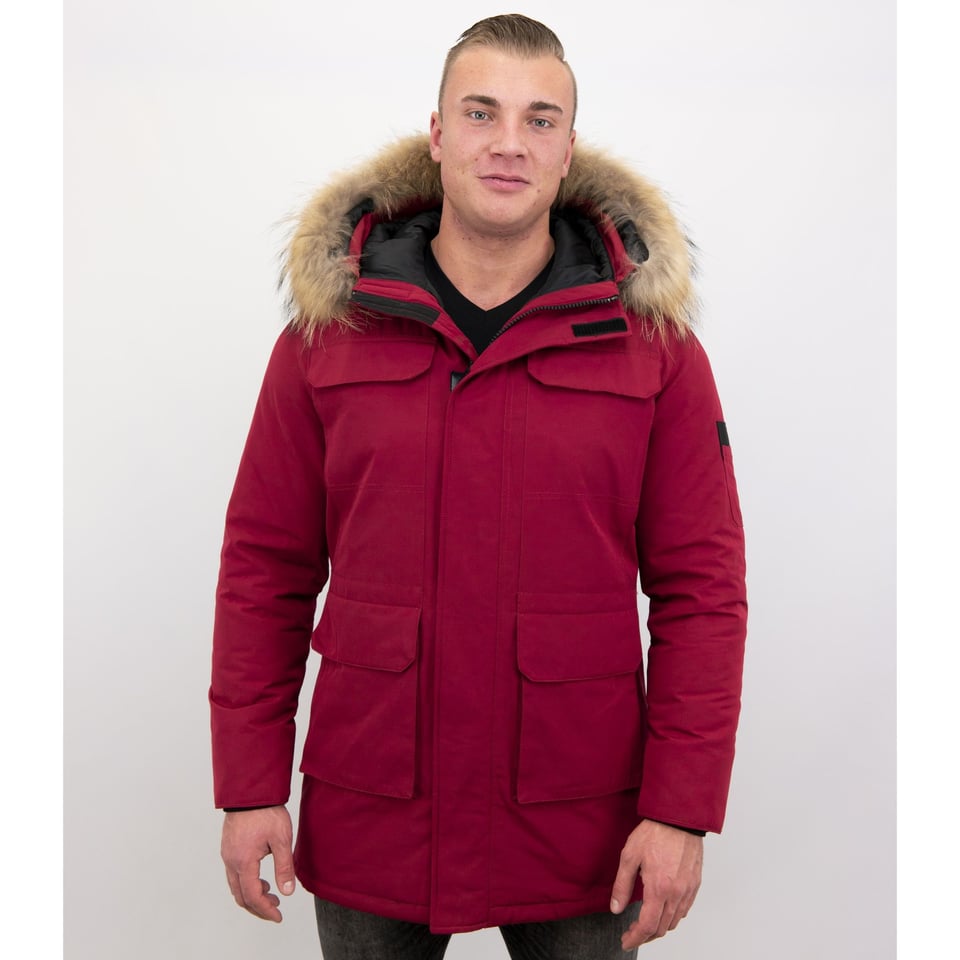 Parka Heren Winterjas Met Grote Echte Bontkraag Rood