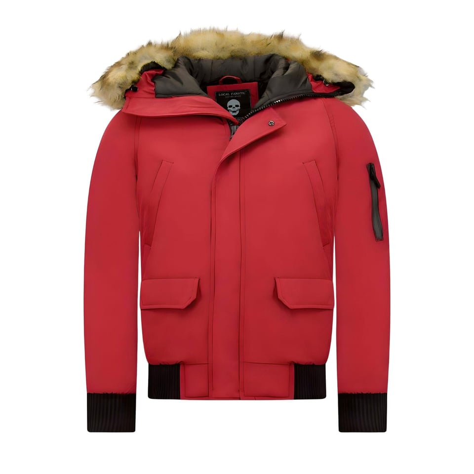 Korte Heren Winterjas Met Faux Bontkraag Rood