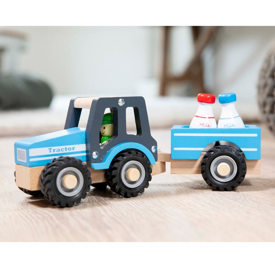 New Classic Toys Houten Tractor Met Aanhanger en Melkbussen +18 Mnd