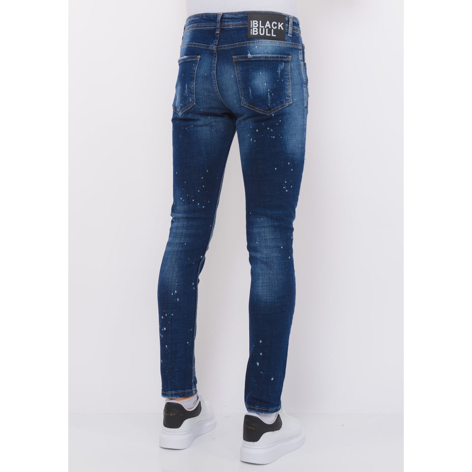 Men's Paint Splatter Stonewashed Jeans - Slim Fit -1077- Blauw