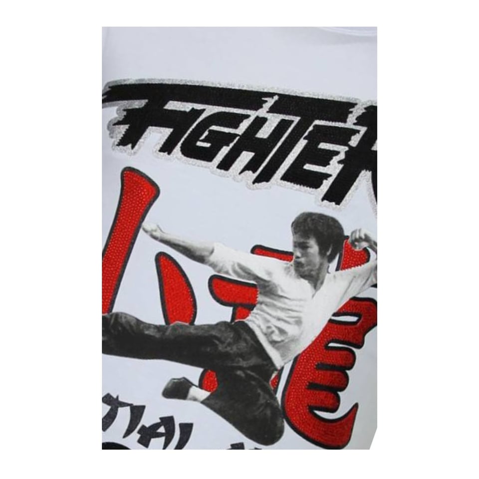 Fighter - Bruce Lee T-Shirt Rhinestones - Wit
